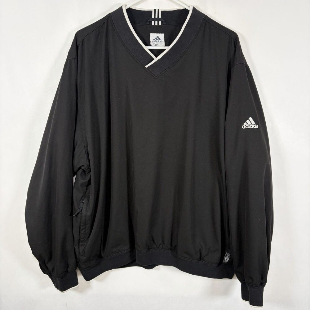 Adidas V Neck Pullover Windbreaker Golf Jacket Mens Large Black Pockets VTG Y2K